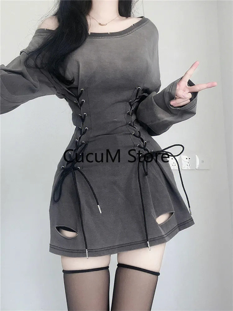 warmmeta New Fairycore Grunge Goth Corset Dress Women Aesthetic Harajuku Streetwear Bandage Slim Bodycon Dress Y2k 90s Indie Clothes