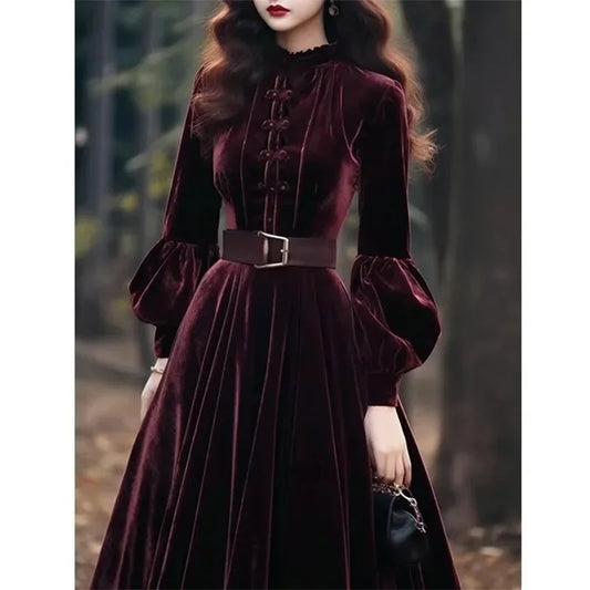 Autumn Winter Women's Velvet Dress New Fashion Evening Party Long Dress Style Super Beautiful Purple Red Velvet Dresses Vestidos