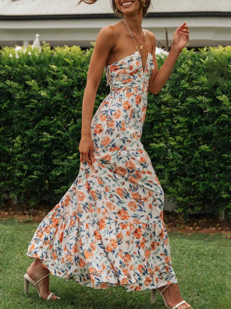 Fashion Icon Dress To impress Boho Backless Tiered Long Beach Dress Summer Chiffon Halter V Neck Sleeveless Floral Flowy A Line Maxi Women Dress