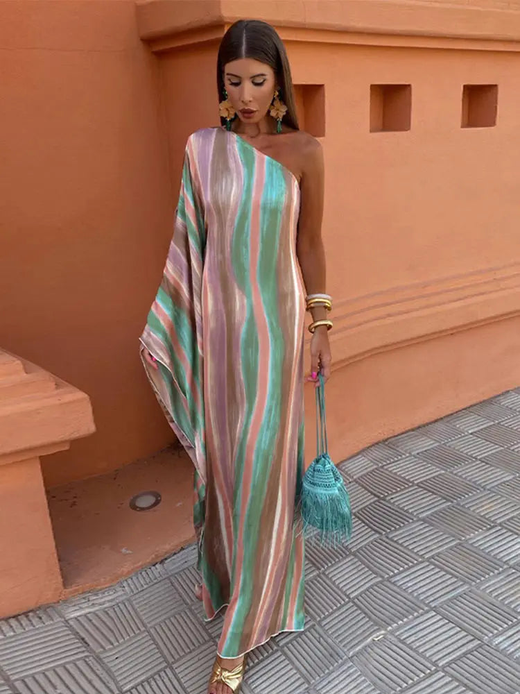 Women Colorful Striped Tie Dye One Shoulder Dress Fashion Diagonal Collar Long Sleeve Dresses 2024 Female High Street Vestidos