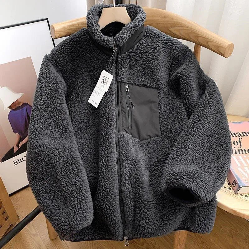 warmmeta Couple's Autumn/Winter New Zipper Loose Windproof Pocket Jacket Casual Stand Up Collar Warm Lamb Wool Coat Outdoors Running Wear