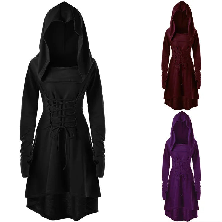 Autumn and Winter Women's Solid Color Festival Performance Dress With Long Sleeves and Hooded Lace-up Dress