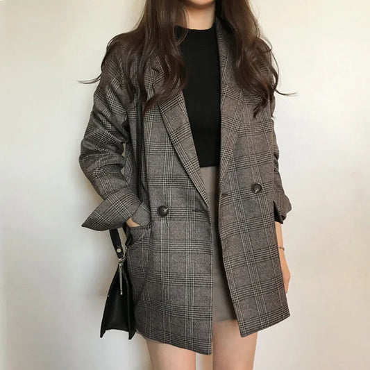 Women Winter Plaid Blazers Coats Korean Fashion Elegant Solid Thick Jacket Female Double Breasted Office Lady Long Overcoat