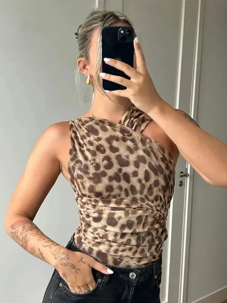 One Pieces Leopard Print Jumpsuit Women Slim Hollow Out Irregular Sleeveless Female Bodysuit 2024 Summer Fashion Lady Playsuit