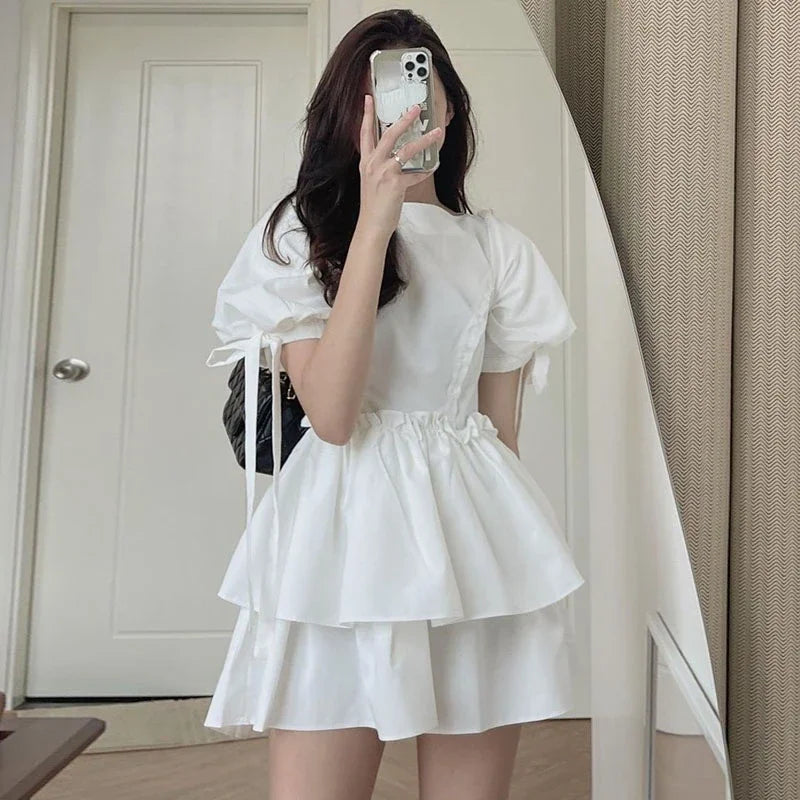 WARMMETA Dresses Woemn Lace Up Ruffles Patchwork Puff Short Sleeve Solid Korean Fashion Spring Summer Ladies Dress Casual