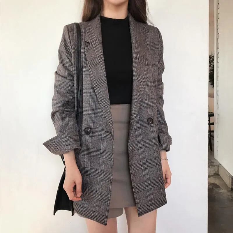 Women Winter Plaid Blazers Coats Korean Fashion Elegant Solid Thick Jacket Female Double Breasted Office Lady Long Overcoat