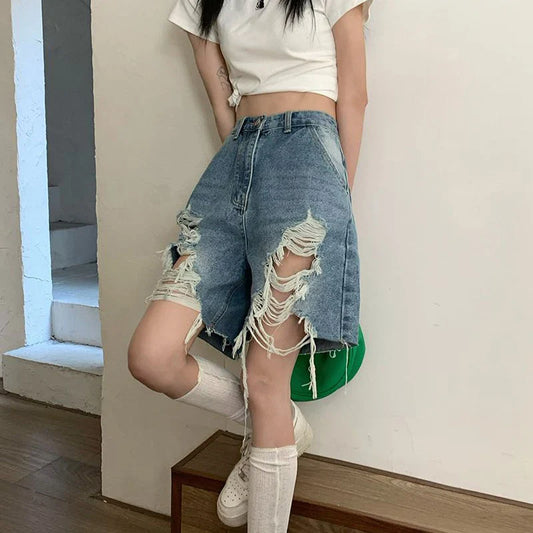 warmmeta- S-5Xl Denim Shorts Women High Waist Hole Jeans Shorts Summer Streetwear Korean Vintage Distressed Wide Leg Short Pants New