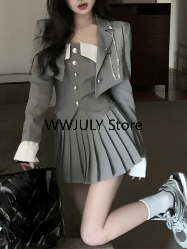 2023 Autumn Preppy Style Pleated Casual A-line Skirt Women + Irregular Patchwork Slim Camisole + Jacket Three-piece Suit Female