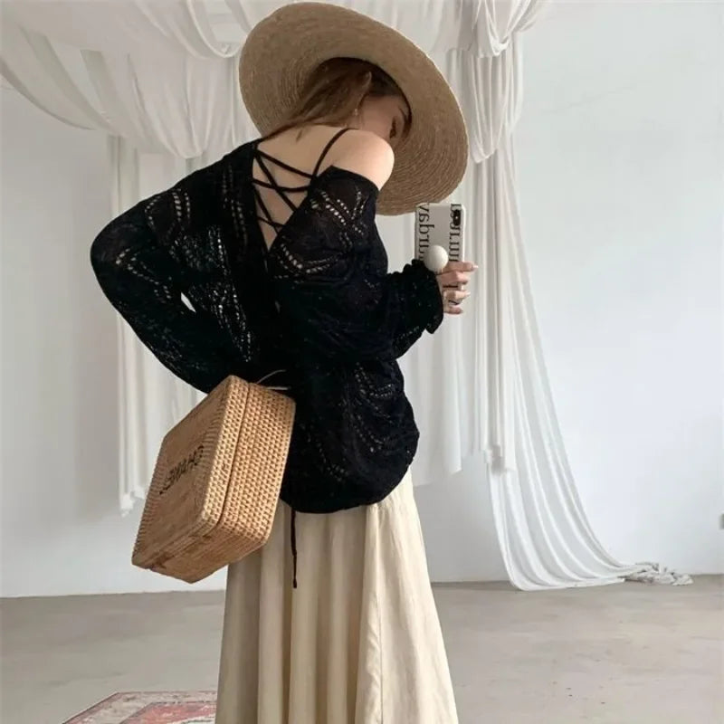 Tea party dress to impress Sexy Hollow V-neck Lace Up Knit Sweater Summer Korean Loose Sun Protection Top Elegant Backless Long Sleeved Beach Top