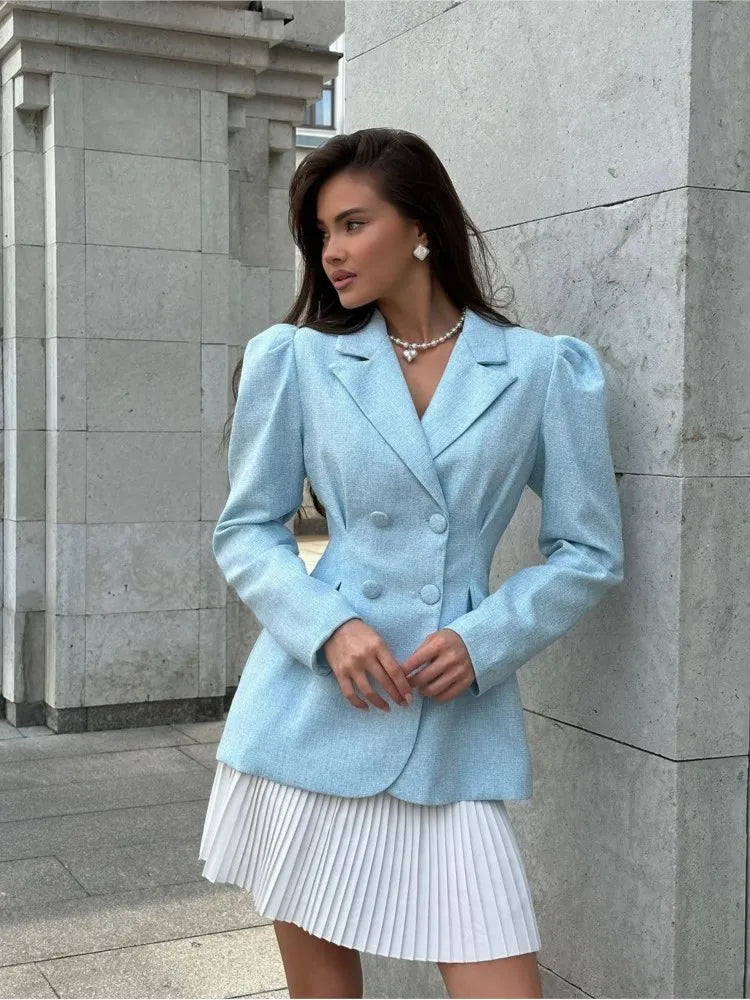 PICSGIRL -  Women Elegant Patchwork Long Blazer Coat Fashion Lapel Double Breasted Long Sleeve Dress 2024 Office Lady Chic Commuting Robes