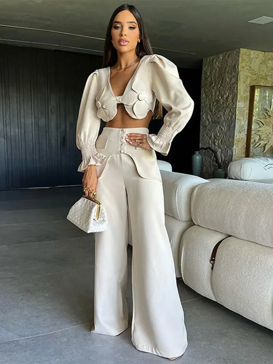 Designed Fashion Solid 3d Flower Pants Set Women Ruffle Sleeves Backless Top Long Trousers Female Chic High Street Party Wear