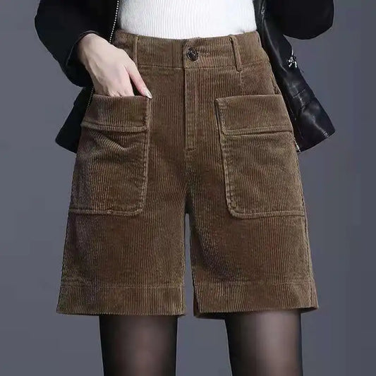 Women's High Waist Solid Pocket Button Split Pants 2023 New Autumn/Winter Korean Wide Leg Corduroy Loose Fashion Casual Shorts