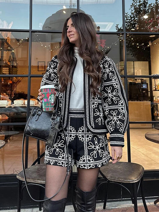 Elegant Print Coat Shorts Sets Women Loose O-neck Lantern Cardigans Elastic Shorts Female Suit 2024 Autumn Lady Street Outfits