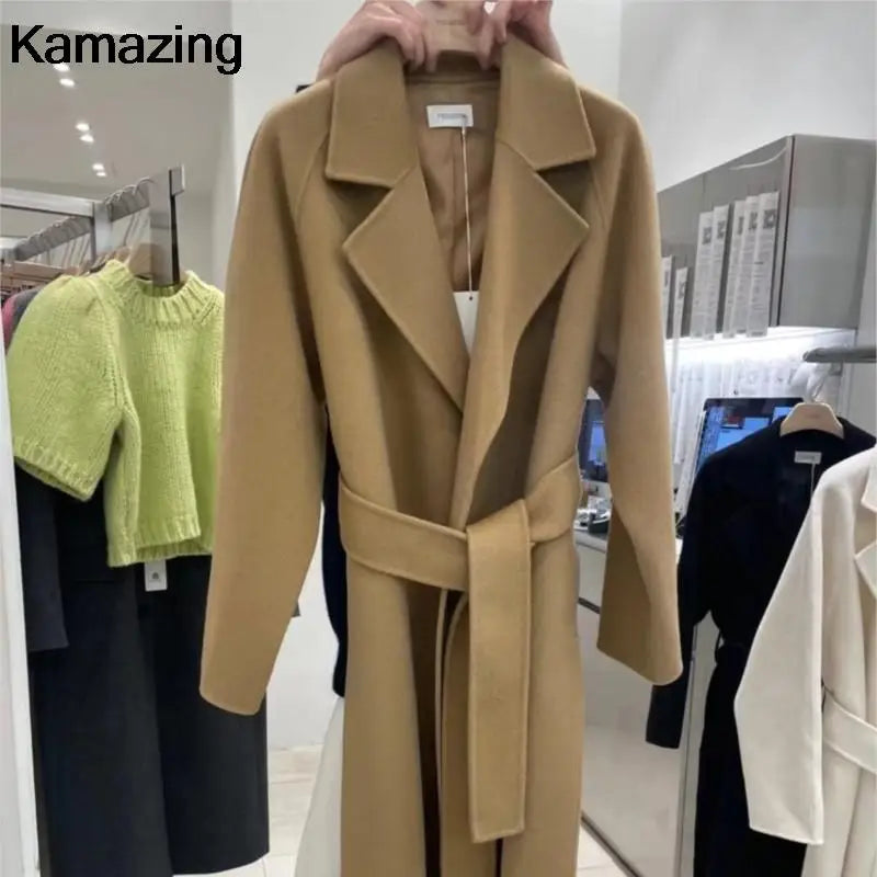 Women Elegant Long Woolen Coat with Belt Autumn Winter Fashion Solid Long Sleeve Chic Outerwear Ladies Casual Overcoat 2023