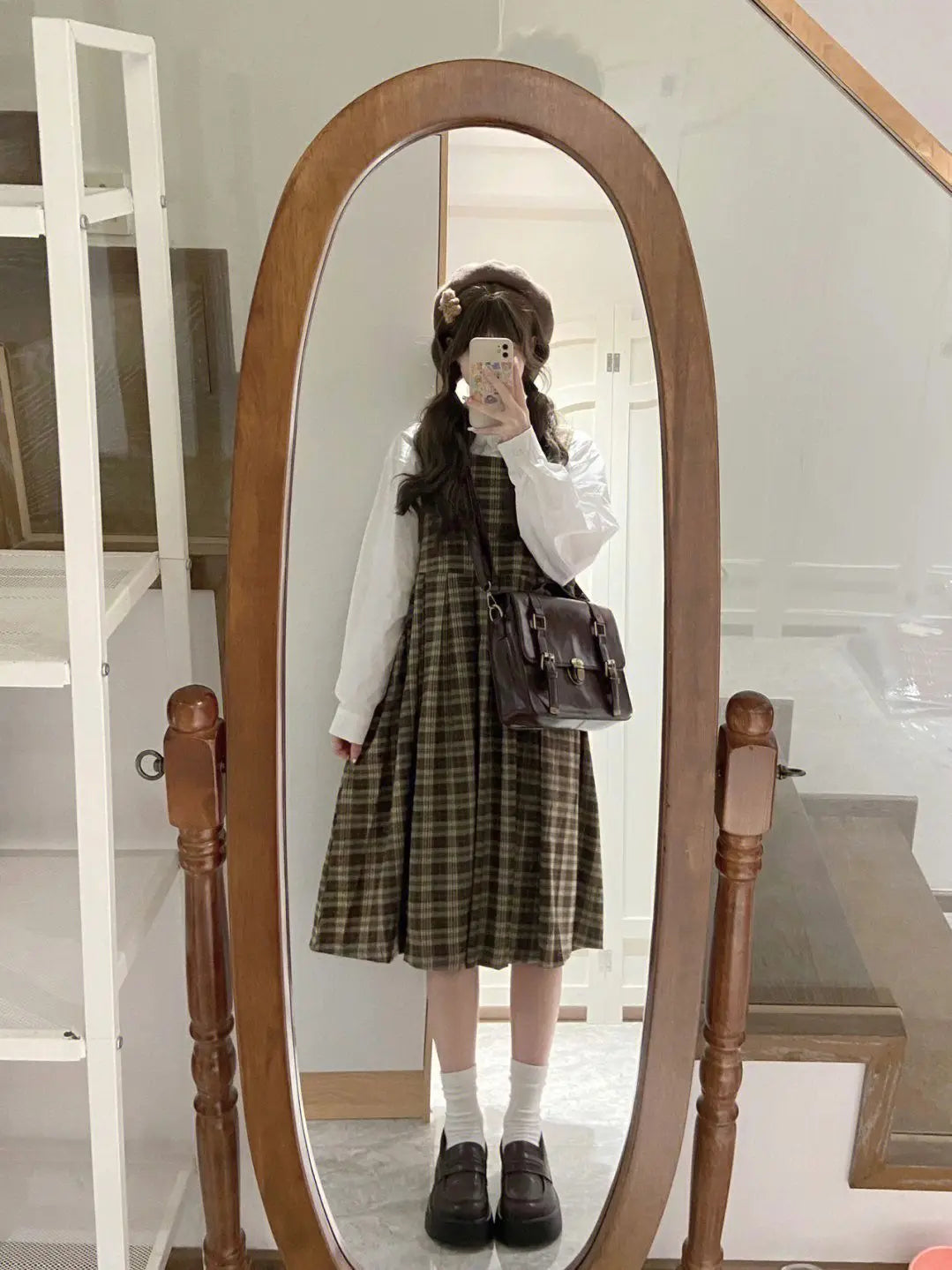 Cozy Treehouse Plaid Dark Academia Pinafore Dress