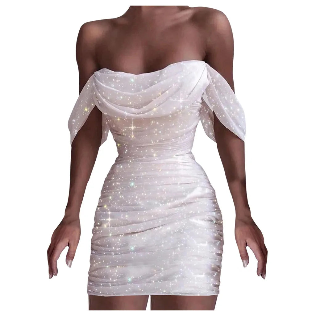 Fall Dresses For Women 2024 Sexy Off Shoulder Ruched Glitter Sparkly Sequin Straight Bodycon Slim White Dress Vintage Prom Dress