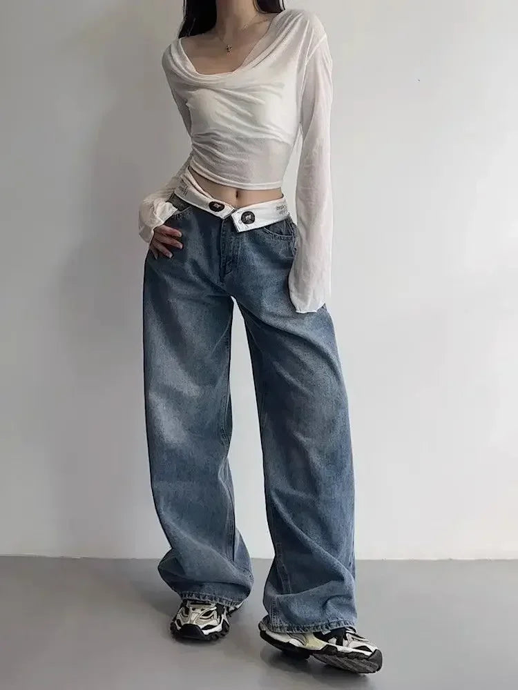 Vintage Y2k Jeans Women Baggy Kpop Gyaru Streetwear Wide Blue Denim Pants Harajuku Korean Acubi Fashion High Waist Jeans