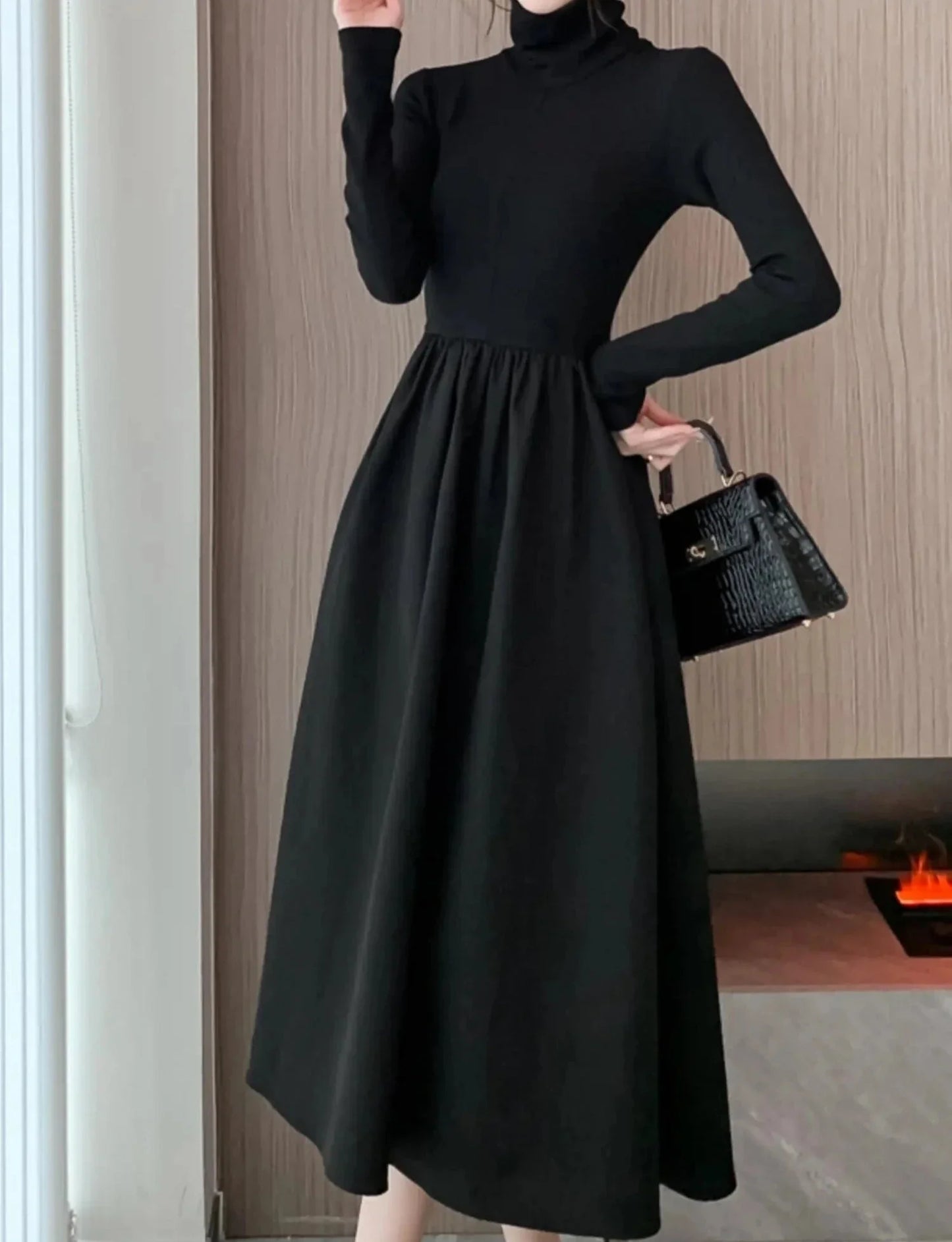 warmmeta Women Winter Turtleneck Black Midi Dress Korean Elegant Long Sleeve A-line Slim Vestidos Autumn Office Lady Casual Robe Clothes