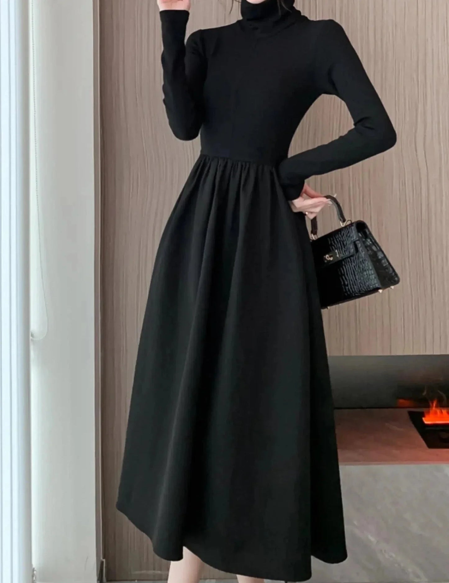 warmmeta Women Winter Turtleneck Black Midi Dress Korean Elegant Long Sleeve A-line Slim Vestidos Autumn Office Lady Casual Robe Clothes