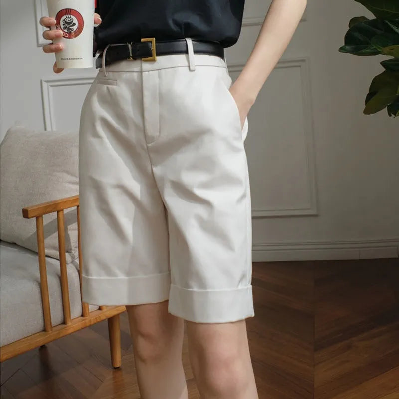 Women's Summer Shorts High Waist Knee Length Straight Pants with Belt Office Khaki White Black Casual Short Pants Women Fashion