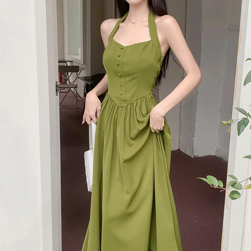 warmmeta-Women's elegant dress 2024 Spring Festival new Europe and the United States tied avocado color neck A pendulum long skirt