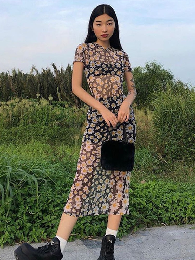 warmmeta Short Sleeve Daisies Print Mesh See-Through Sexy Maxi Dress Summer Women Fashion Streetwear Outfit Sundress