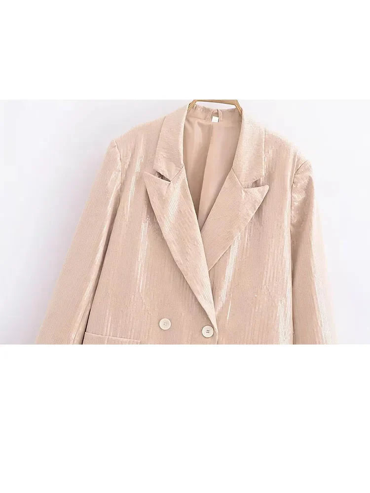 PICSGIRL -  Spring Chic Sequins Blazer for Woman Fashion Turn Down Collar Long Sleeves Jackets Pockets Oversize Female Casual Coats