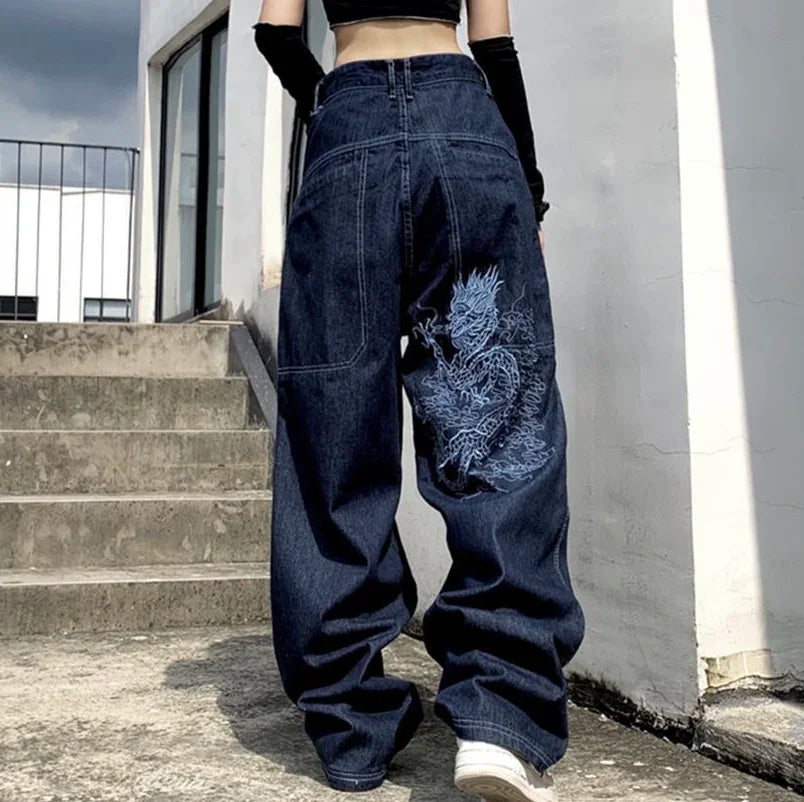 warmmeta Solid Color Multi-pocket Loose Jeans Women High Street Retro Hip-hop Wide-leg Pants Casual Straight High-waisted Jeans Women New