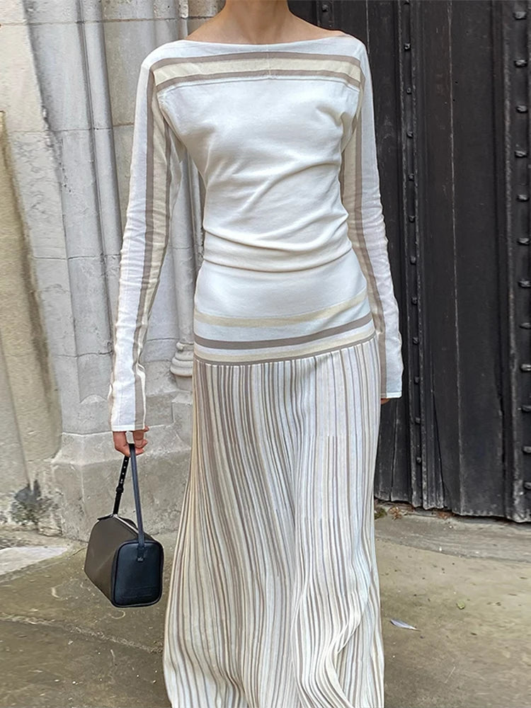 Women Elegant Striped Full Sleeved Top Long Dress Suits Chic Round Neck Slim Tops Pleated Skirt Set Fashion Lady Street Outfits