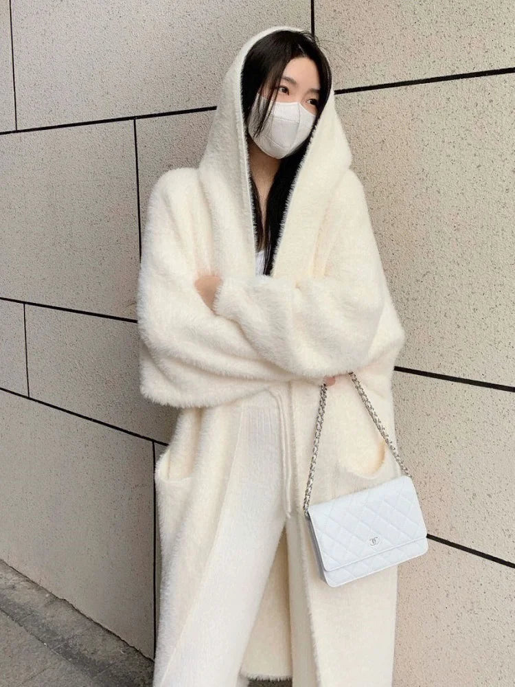 warmmeta-white Long Cardigan for women 2024 winter clothes Knitted fluffy long sleeve Cashmere sweater coat clotkorean style warm vintage