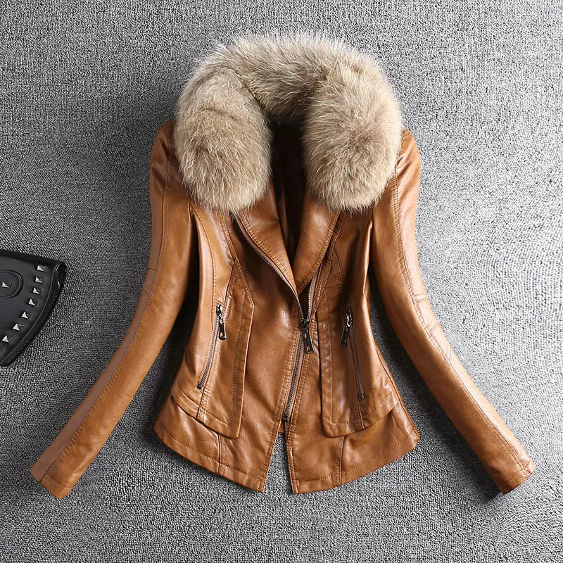 2023 Spring Autumn Real Fur Leather Jacket Women Small Coat Slim-Fit PU All-Match Casual Motorcycle