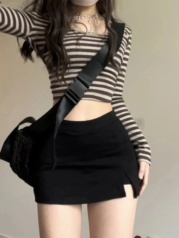 Women Casual Pocket V-neck Striped Retro Long Sleeve T-shirt Women's Base Top Sexy Semi-Open Collar Blouse Y2k Clothes Top Mujer