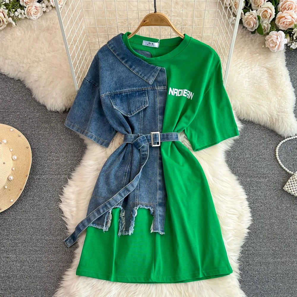 Vintage Patchwork Denim Shirt Dress With Belt Fashion O-Neck Spring/Summer  New Women's Casual Mid-Length Letter Top Tee