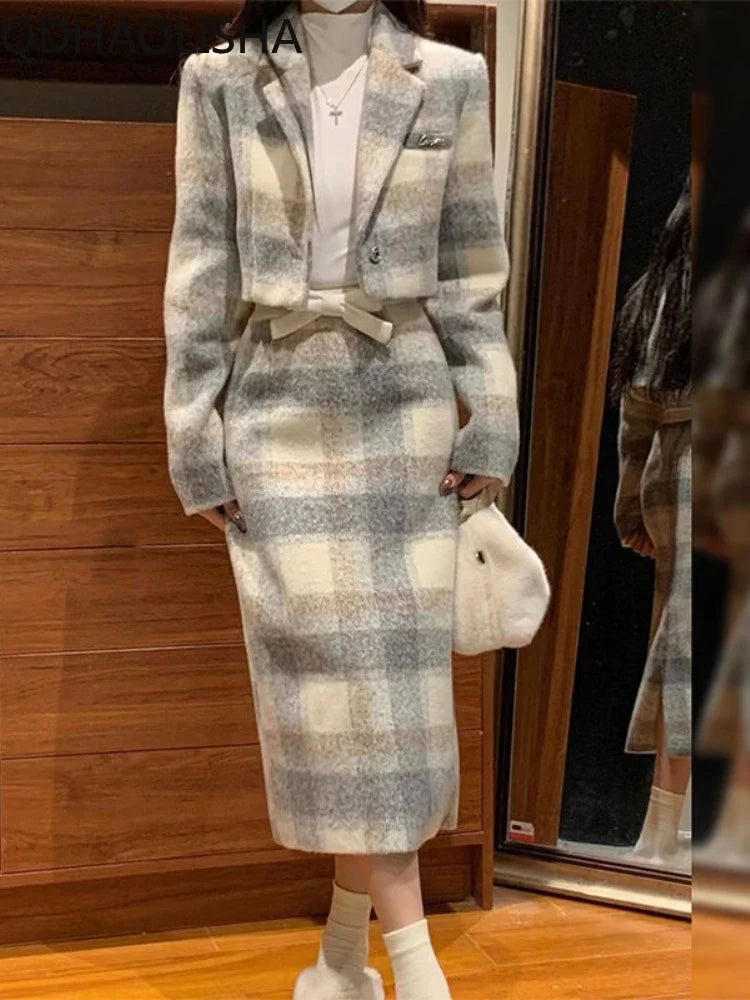 Sets for Women 2 Pieces Autumer Grey Plaid Woolen Lapel Collar Long Sleeve Half Skirt Set Elegant Sweet Temperament Casual Suit