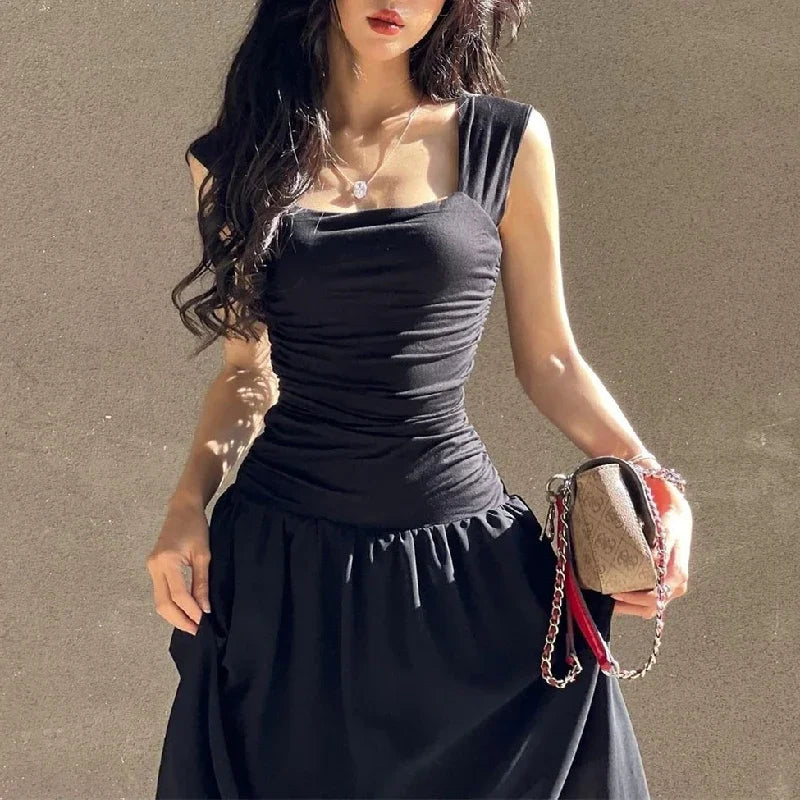 Women Summer Party Long Dress Sexy Ruched Bodycon Black Maxi Dresses Elegant Temperament High-waist Vestidos New