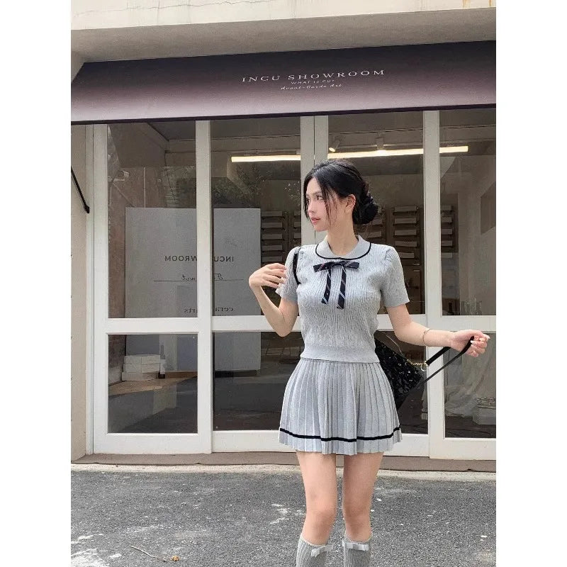 irl College Style Suit Women's Autumn Knitted Pleated Dress Turn-down Collar Bow Top Two-piece Set Fashion Female Clothes