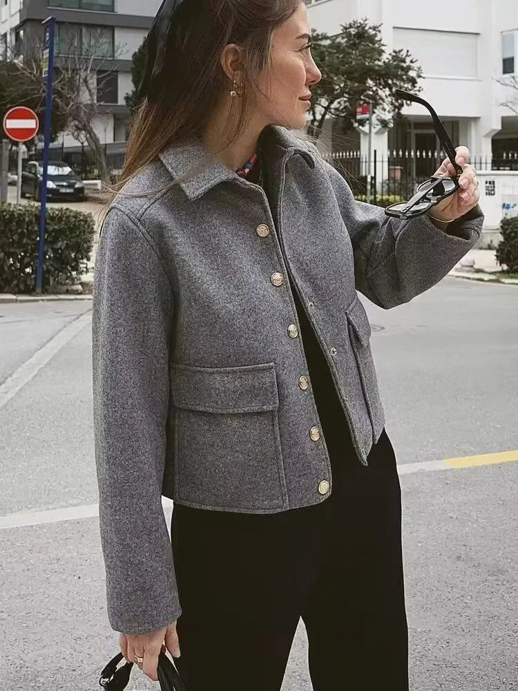 Picsgirl Autumn Jacket Women Vintage Fashion Metal Button Cropped Coat Female Elegant Casual Long Sleeve Lapel Single Breasted Outerwear