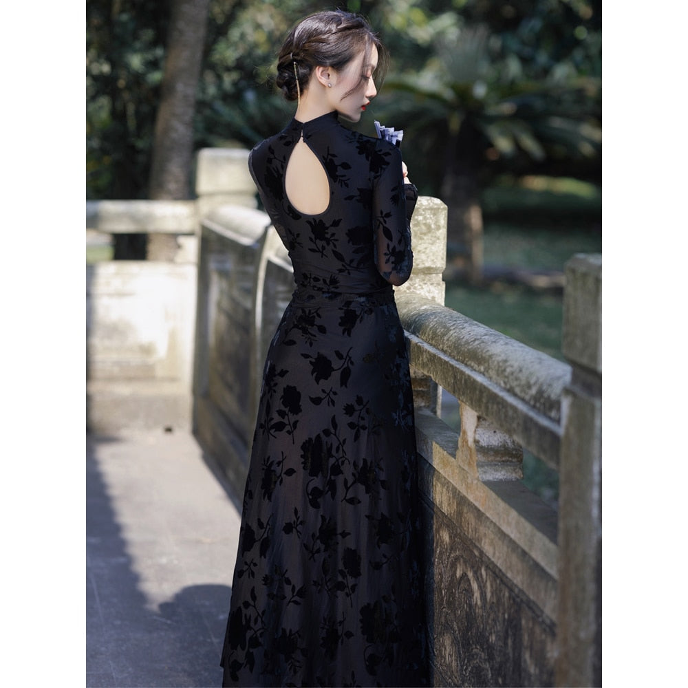 Lilith Black 90s Style Cheongsam 2-Piece Dress