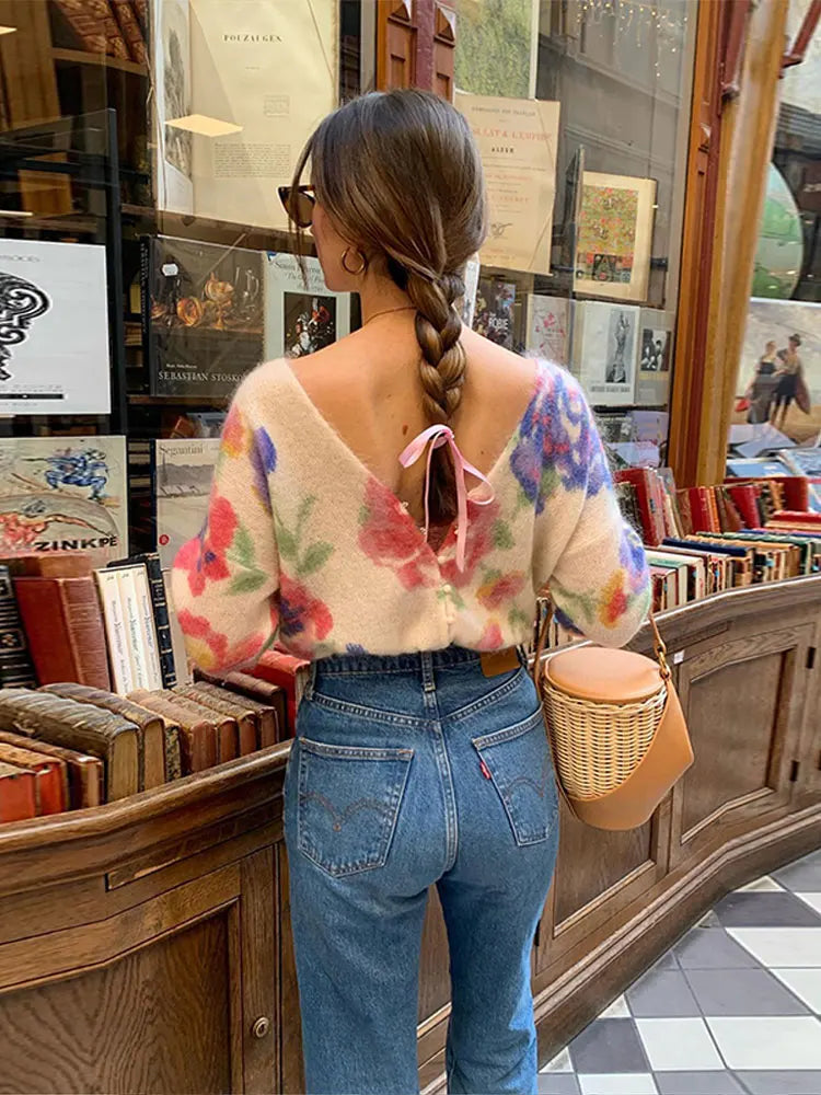 Elegant Printed Knitted Cardigan For Ladies Fashion V-neck Long Sleeve Slim Backless Sweater Spring Women Street Knitwear