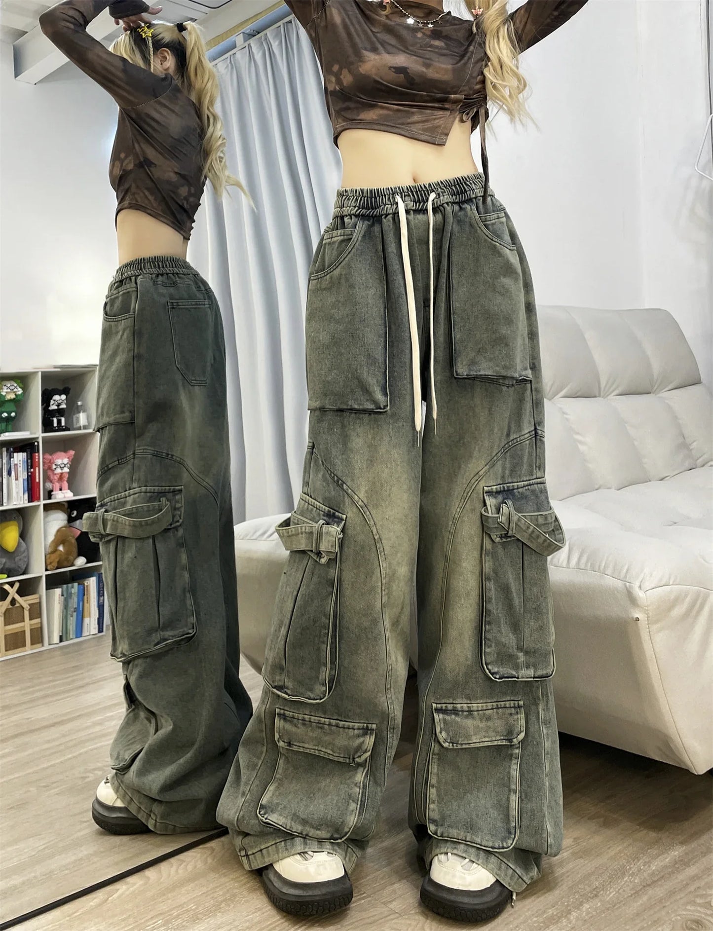 Autumn Winter New Ladies Cargo Jeans American Street Style Baggy Cargo Pants Women Blue Multi-pocket Wide Leg Jeans for Women