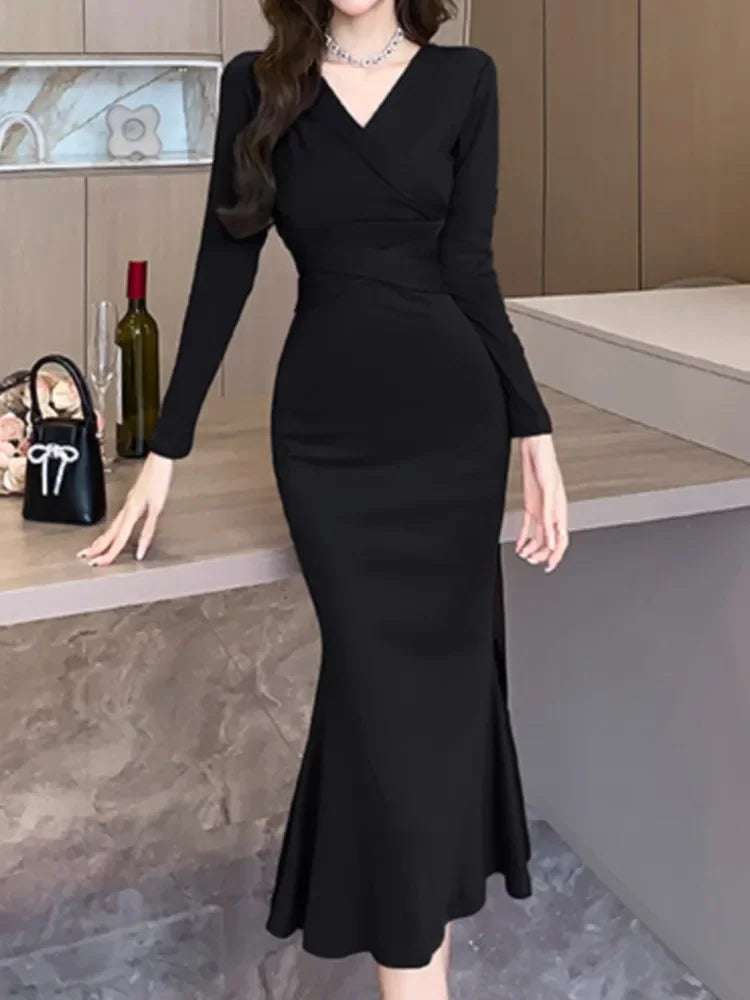 Korean Elegant Chic Black Lace-up Midi Dresses for Women 2023 Autumn New Vintage Sexy Fashion Casual Prom Party Female Clothing