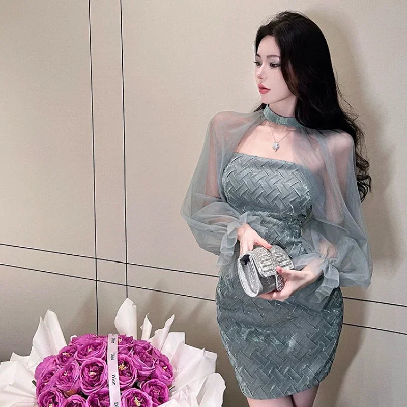 WARMMETA Woman Dress Lantern Long Sleeve Slash Neck 2024 Spring Sexy Party Dresses Slim Elegant Temperament Female Fashion