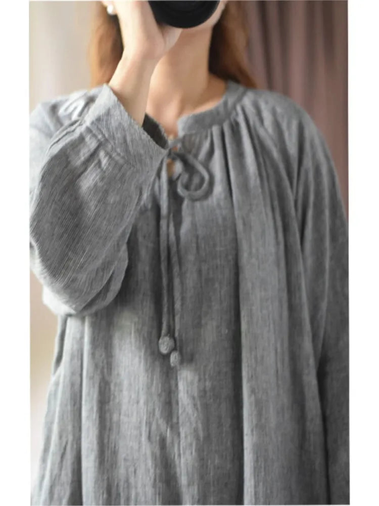 Women Retro Loose Flax Dress 2024 New Spring Summer O-Neck Drawstring Wrist Sleeve Casual Dress