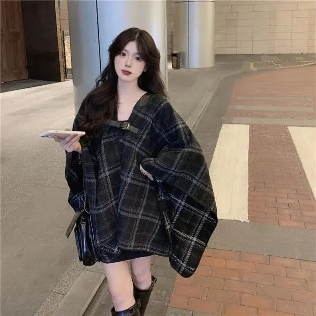 Black Mid-length Plaid Coat Women Autumn And Winter Loose And Versatile Cape Elegant Shawl Casual Coat Korean Women Clothing