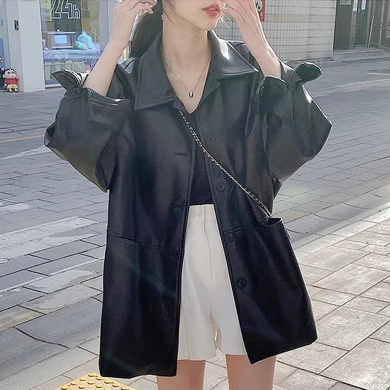 Korean Pu Leather Soft Black Jackets Long Sleeve Waterproof Coats Streetwear Retro Oversized Turn Down Collar Suits For Women