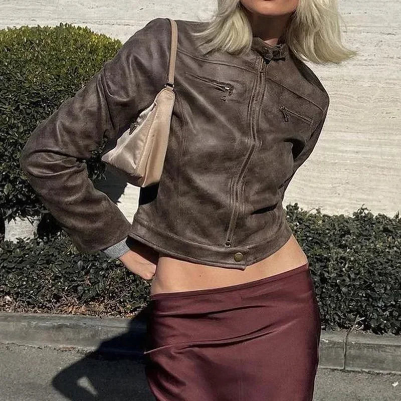 Faux Suede Leather Bomber Jacket Vintage Brown Coat Chic Zipper Short Outfit Woman Streetwear