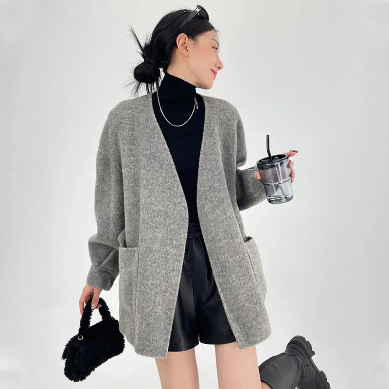 High Quality Loose Double-sided Wool Coat Mid-length Women Bathrobe Style V-neck Long Sleeve Lace-up Woolen Jacket Autumn Winter