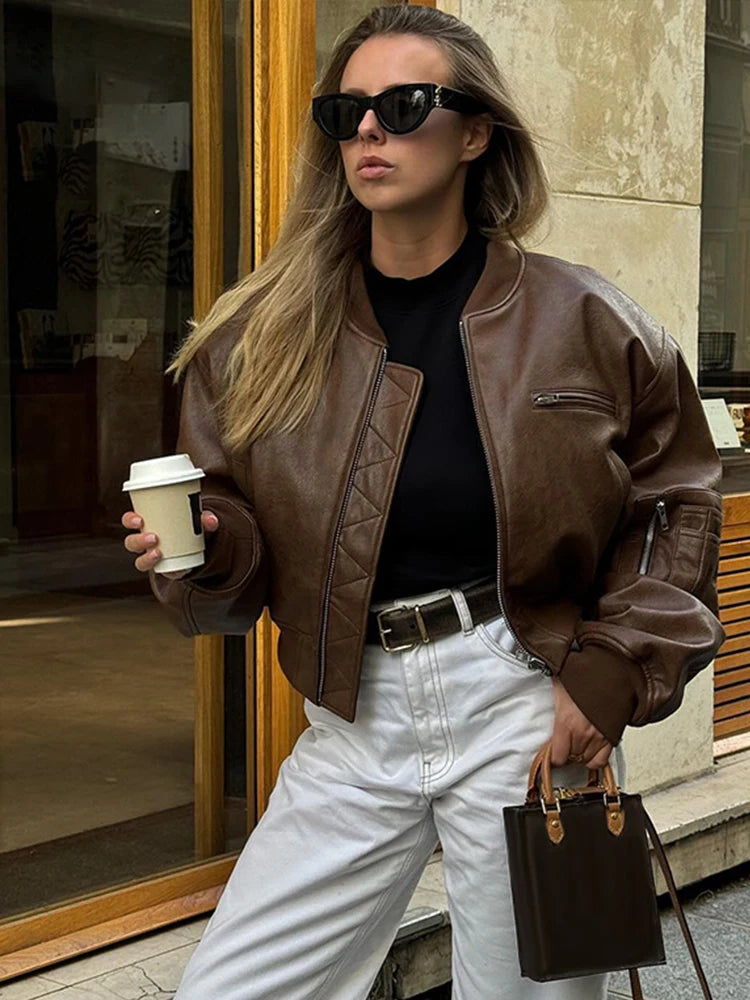 Vintage Leather Bomber Jacket Women Casual O-neck Zipper Pockets Long Sleeve Crop Jackets 2024 Autumn Lady High Street Outwears