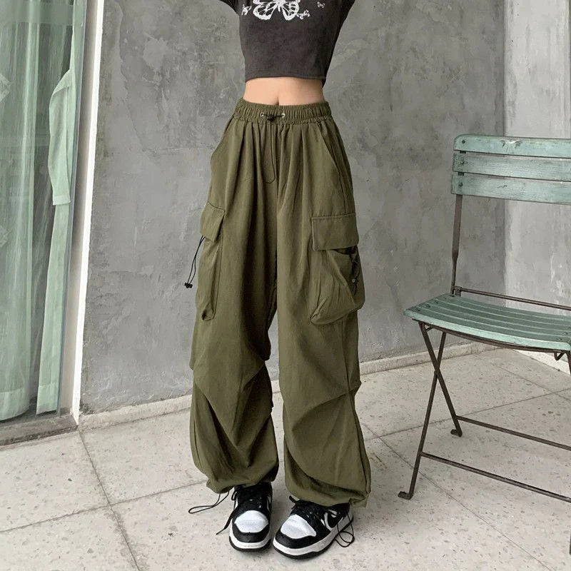 warmmeta Y2K Parachute Black Pants Women Hippie Streetwear Oversize Pockets Cargo Trousers Harajuku Wide Leg Baggy Sweatpants