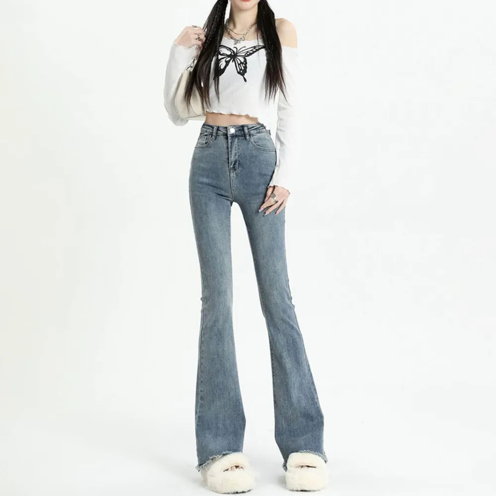 Gray Flared Jeans Women's Spring Autumn High-waisted Slim-fit Pants Retro Y2K Street Female Denim Trousers